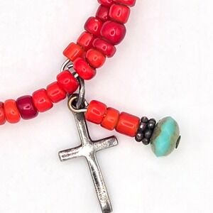 Red Seed Bead Sterling Silver Cross Charm Wire Wrap Bracelet‎ Turquoise Glass